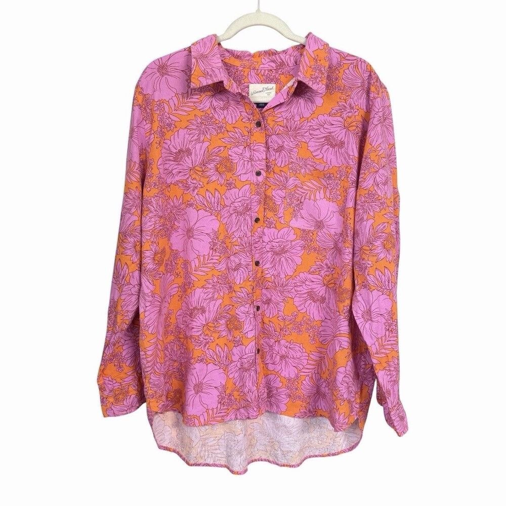 Universal Thread Womens XL Tropical Pink Orange Button Down Floral Linen Blend